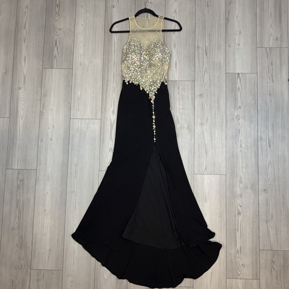 Vintage‎ Clarisse Size 1/2 Black Gold Beaded Formal Prom Dress Sheer Nude Bodice